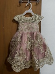 Girls Pink Gold Floral Fit & Flare Dress Bow Sequin Cap Sleeve Knee 9-12M