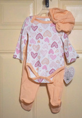 Little Beginnings Hearts Bodysuit Pants Hat SET Baby 6-9 Mos. Peach NWT Pls Read