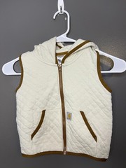Carhartt Vest Girls 2T White Quilted Hooded Full Zip Pockets Brown Trim Lined