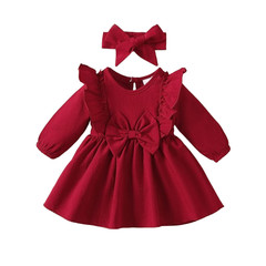 Baby Girl Red Autumn Dress Ruffled Edges and Bow, Long sleeved Dress Headband