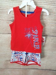 New! 2T Toddler Girls Stars Tank Shorts Set “She’s a Sparkler” American Flag USA