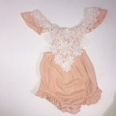 Kid Baby Girl Solid Backless Lace Casual Peach And White Romper. 2T