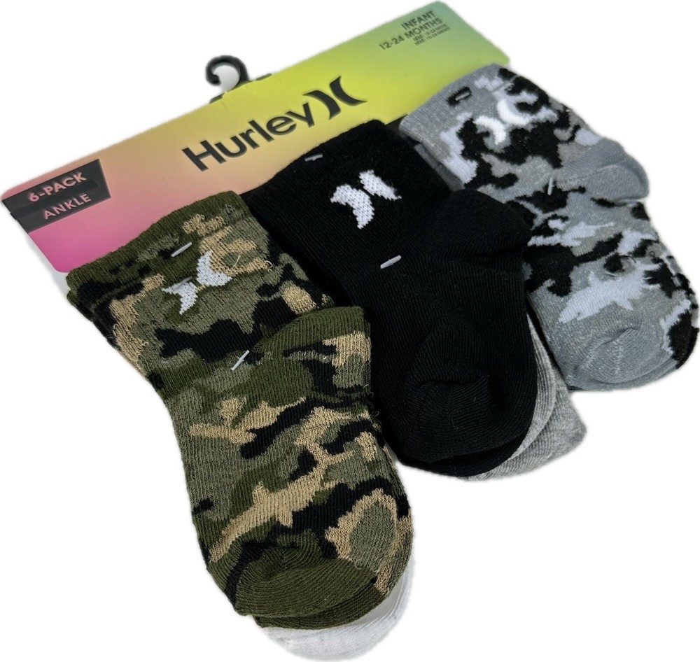 Hurley Baby 6 Pk Multicolor Ankle Polyester Knit Cushion Logo Sock Set 12-24 MO