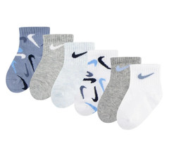 NIKE Toddler Boys Swoosh Print Ankle Socks 6-Pairs – Blue Grey White 12-24 Month