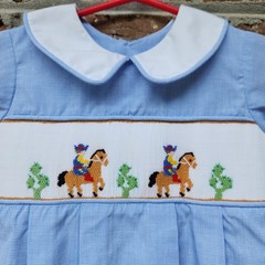 Remember Nguyen Baby One-Piece 24M Blue Gingham Smocked Western Cowboy Horse