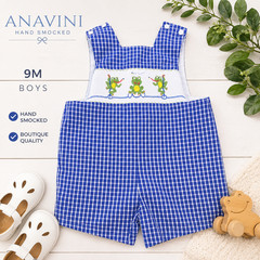 Anavini Hand Smocked Frog Jon Jon Romper Blue Gingham Boys 9M Boutique