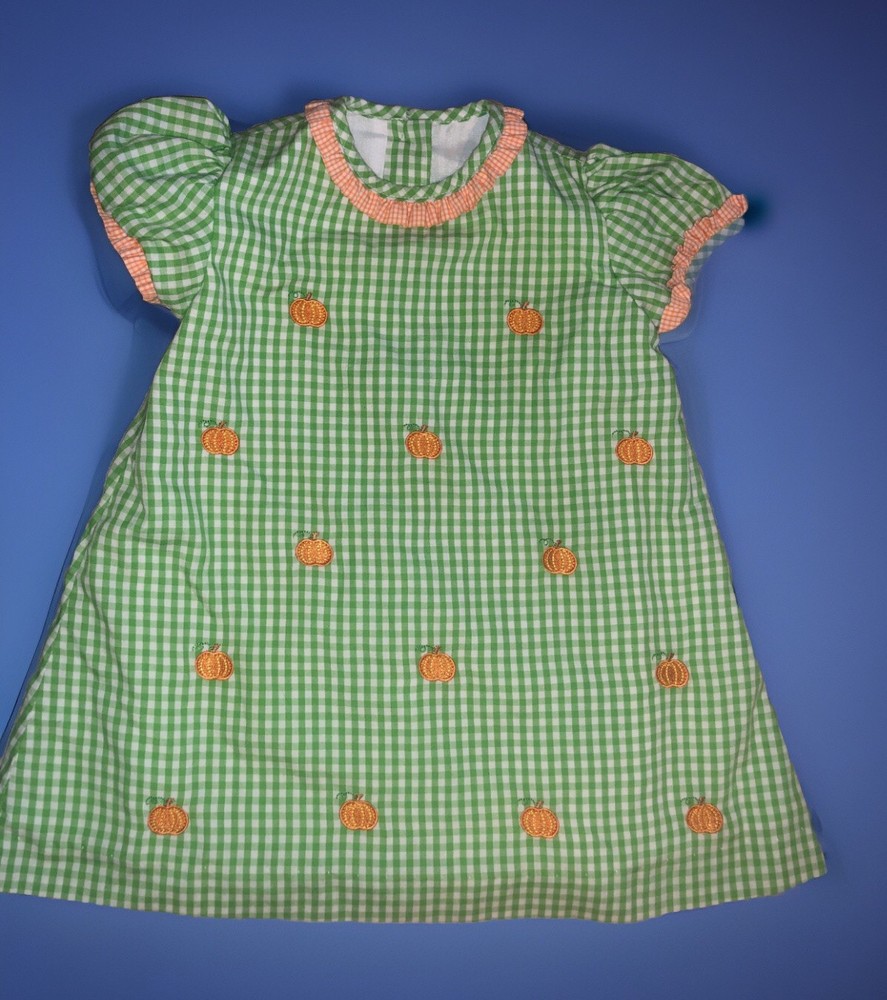 Anavini Hand Smocked Halloween Embroidered Green Check Pumpkin Dress Girls 12M