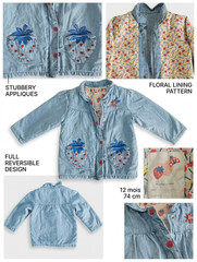 du pareil au meme Girls 12M Reversible Denim Jacket Floral Lining Snap Closure