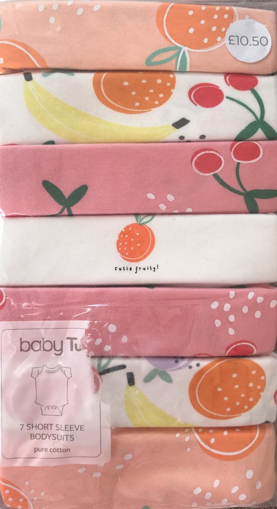 Pack Of 7 ~ Long Sleeved Bodysuits Multicoloured ~ 0-3 Months~ Fruit Design