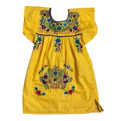 Girls Yellow Hand Embroidered Peasant Folk Traditional Mexican Dress; Size 2