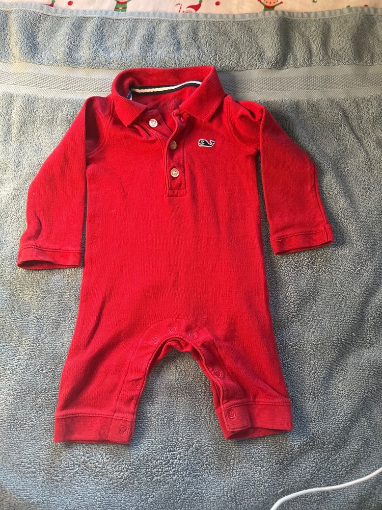 Vineyard Vines baby romper 3M in classic red with signature whale logo.