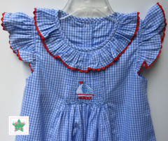 New Smocked Girls Sailboat Dress Blue Gingham July 4th Nautical New in Bag