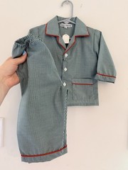 Sweet Dreams Baby Boy Christmas Pajamas 6M Green Gingham Red Piping NWT PJ
