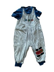 Small Steps sz 24 months one piece romper outfit white blue stripes trains