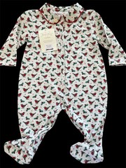 Rachel Riley NWT White/Red/Green Robins 100% Cotton Knit Footie-6 Months