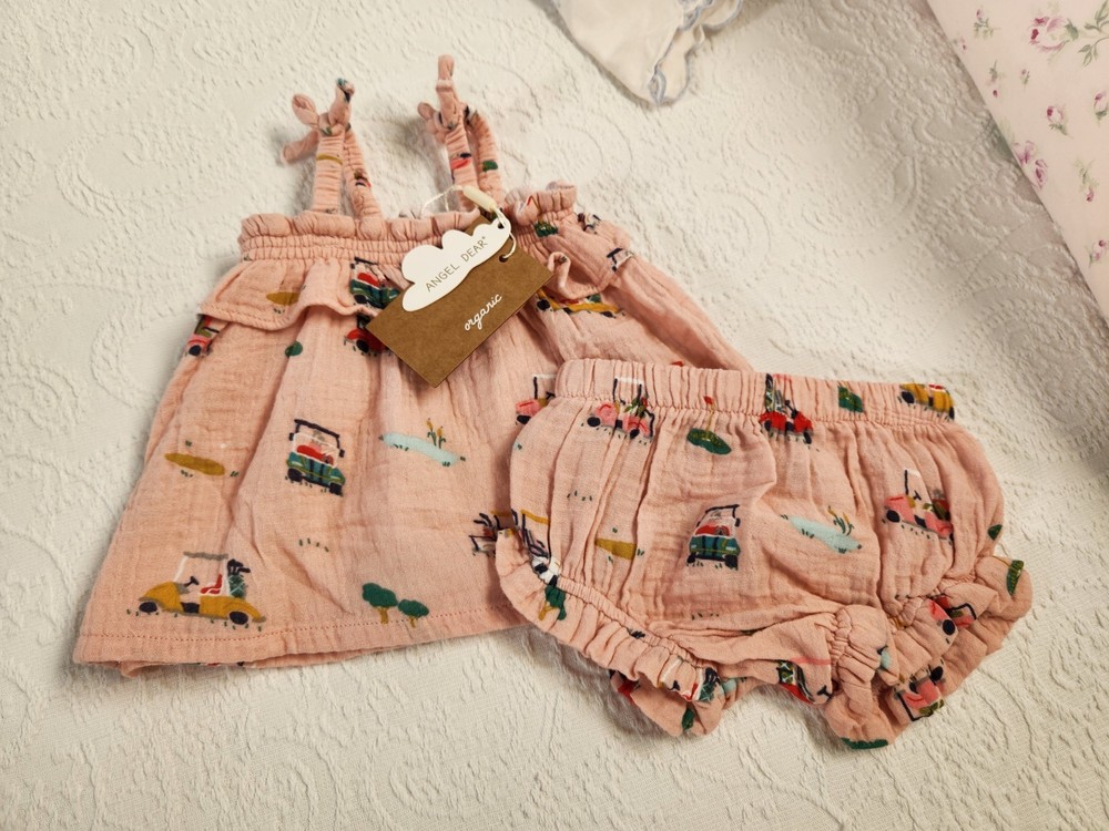 NWT ANGEL DEAR 3/6 MONTHS GOLF CARTS STRAPPY RUFFLE TOP & BLOOMERS SET