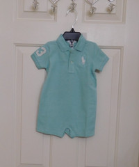 NWT Ralph Lauren Seafoam Green Blue Polo Shorts Romper sz 6 or 9 Months