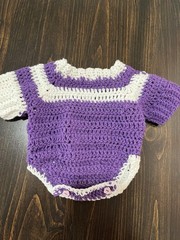Handmade Crocheted Acrylic /cotton Newborn bodysuit Purple/White Stripe