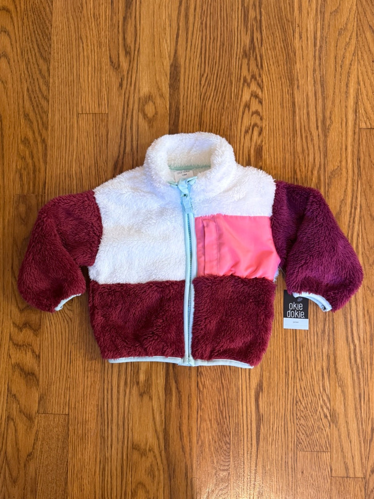 Okie Dokie Girls Faux Fur Sherpa Fleece White Maroon Jacket Long Sleeve Zip 12M