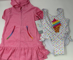 Girls Size 3T FlapDoodles 1-Piece Swimsuit & Hooded Full Zip Terry Coverup Pink