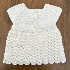 Handmade White Crochet Baby Dress 9M A-Line Cap Sleeve Button Bow Ribbon