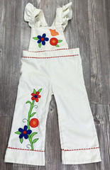 Vintage Handmade Bib Overalls Floral Applique Ruffle Strap RicRac Small