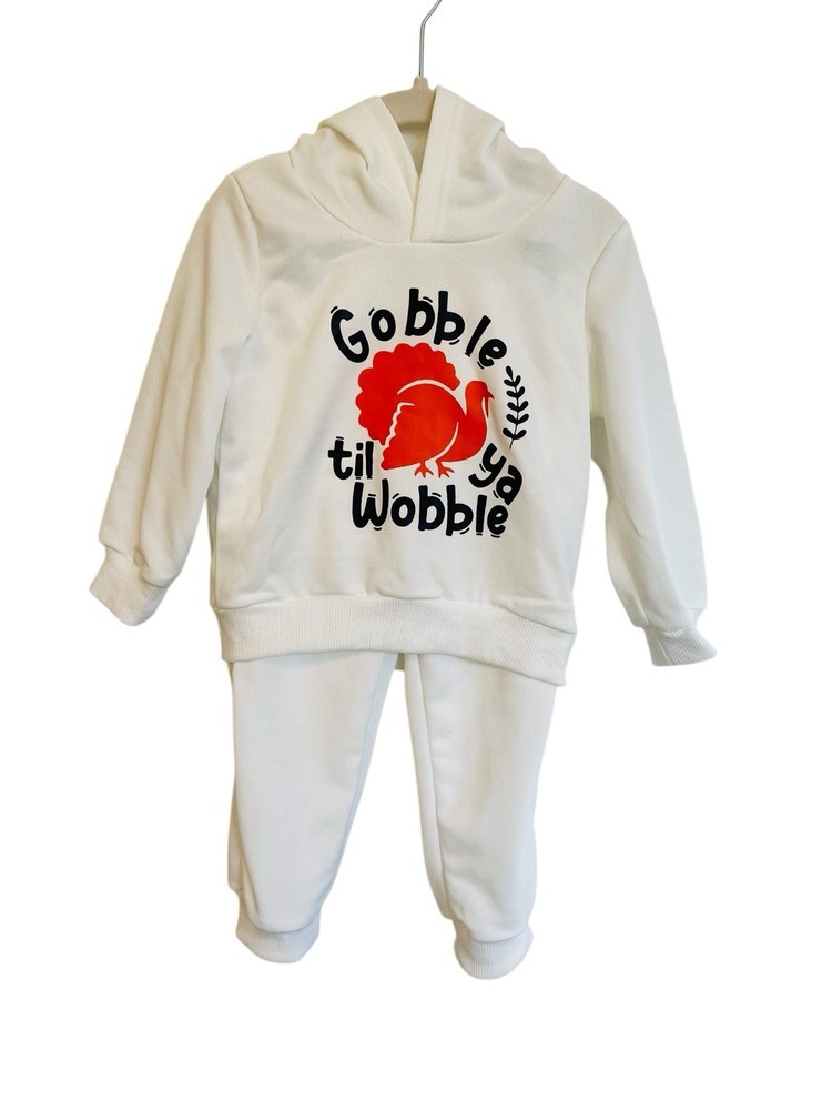 Turkey “Gobble Til Ya Wobble” White, 2pc Hooded Track Suit, Toddler Size 12-18mo