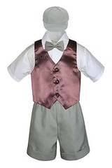 Boys Toddler Formal Vest Shorts Suits Satin Vest Gray Bow Tie Hat 5pc Set S-4T