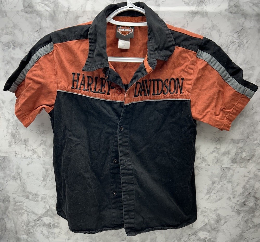 Harley Davidson Button Up Shirt Toddler Boys Size 8-10 Kids Orange Black