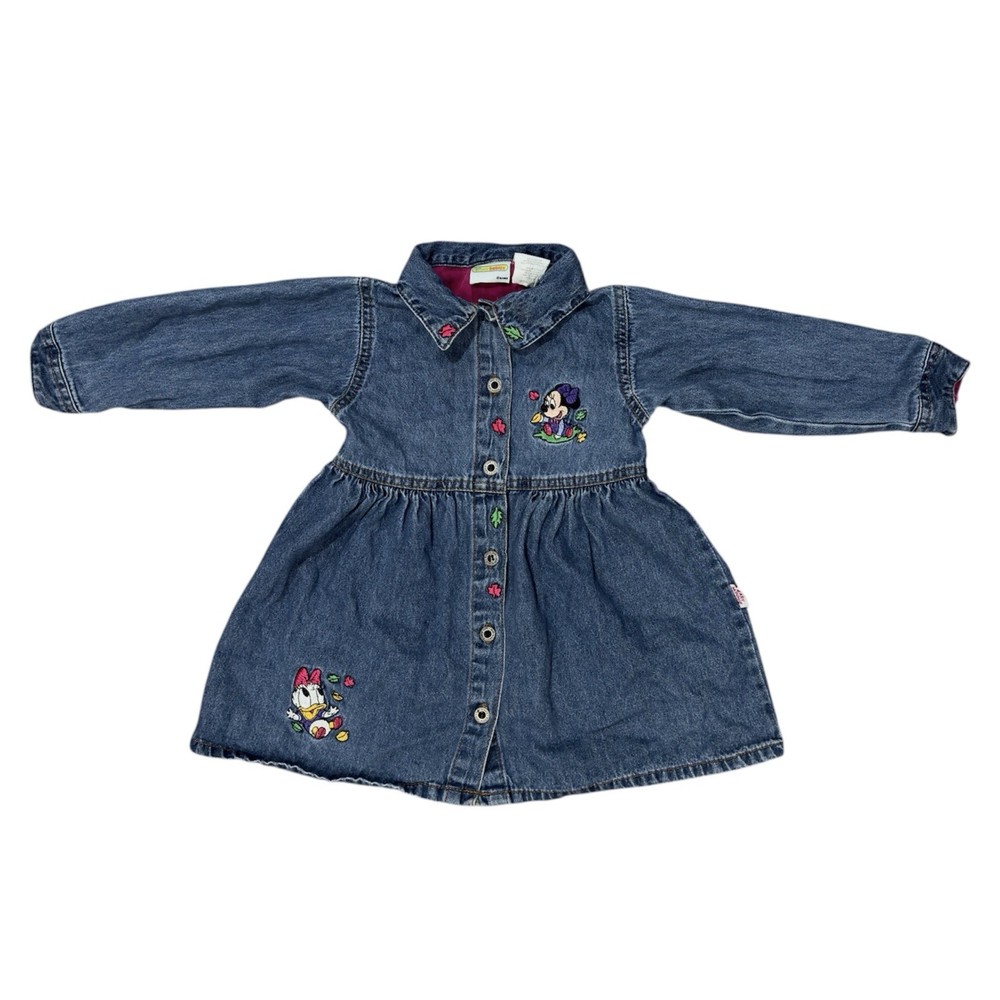 Vintage Disney Babies Minnie Denim Dress Embroidered Daisy Duck 24 Mo Y2K 90s