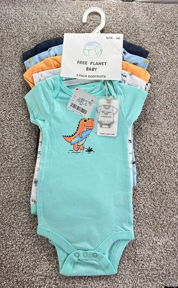 FREE PLANET BABY – 5 Pack Bodysuits – Onsies – T Shirts 3 Month – NEW w/Tags