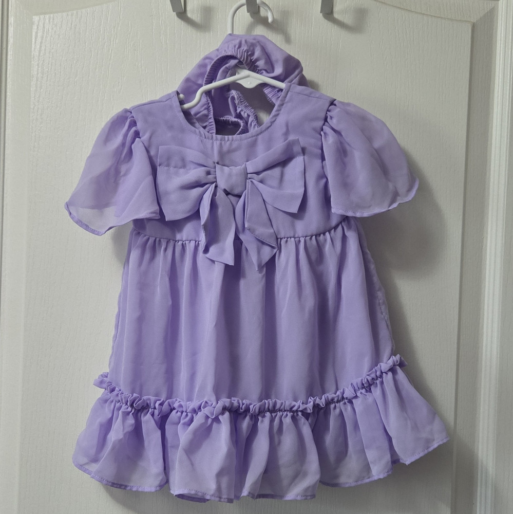 Wonder Nation Girls Fit & Flare Dress Purple Bow Ruffle Puff Sleeve 6-9M Zip