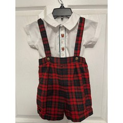 VTG Good Lad Boys Plaid Suspenders Shirt Outfit Set 18 Months Red Green White