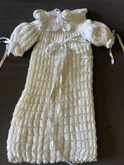 Handcrafted knitted Infant Baptismal Dress Gown White Satin Ribbon Trim Vintage
