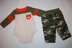 Baby Boys BEIGE L/S BODYSUIT SHIRT Tiger Pocket WOVEN PANTS Green Camo 0-3 MO