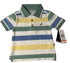 NWT Baby SZ 12M Boy Nautica Green Yellow Blue Striped Polo Shirt Short Sleeve