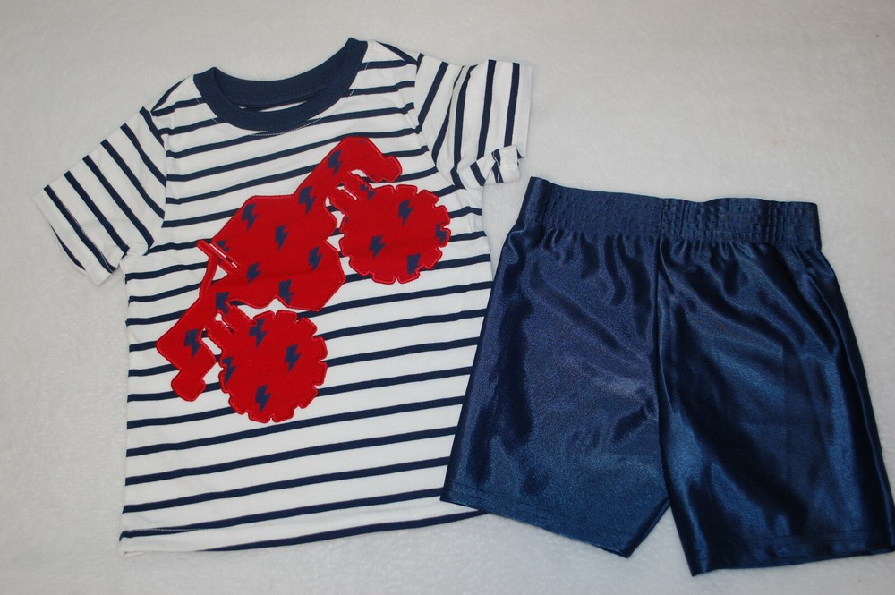 Toddler Boys MONSTER TRUCK S/S T-SHIRT White Navy Stripe BLUE SHORTS Athletic 2T