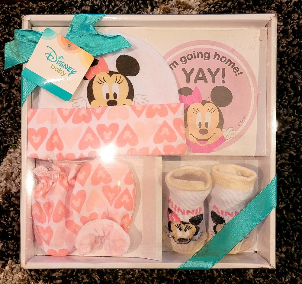 Disney Minnie Mouse Girl Take Me Home Set Hat Socks Mittens Sticker 0-3 months