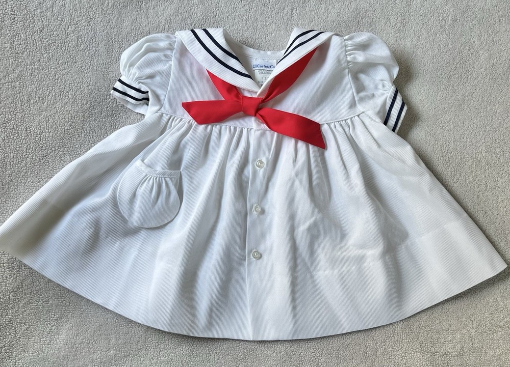 C.I. Castro Co Lakeside Nautical Sailor Dress 12 Month White Red Blue Bow Button