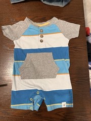 Burt’s Bees Baby 0-3M Striped Cotton Jersey Romper Henley Snap Pocket