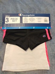 Champion Girls Toddler 3 Piece Pink Shirt/Black Shorts/White Tank Top Set Sz 2T