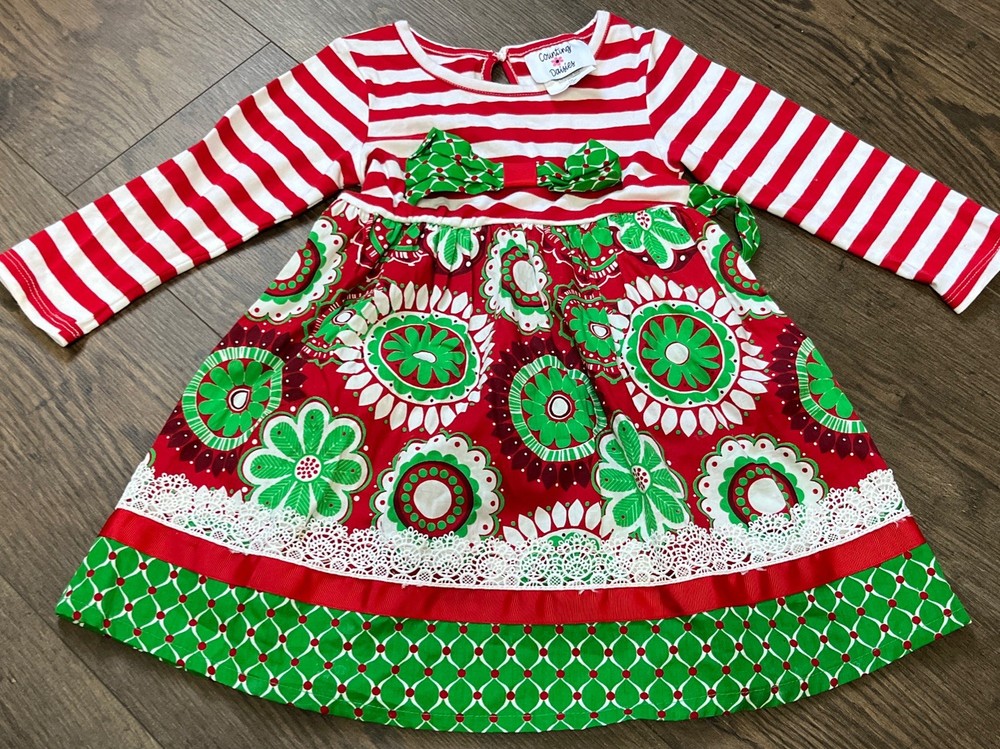 Counting daisies christmas holiday dress Red White Stripes size 3t Green Print