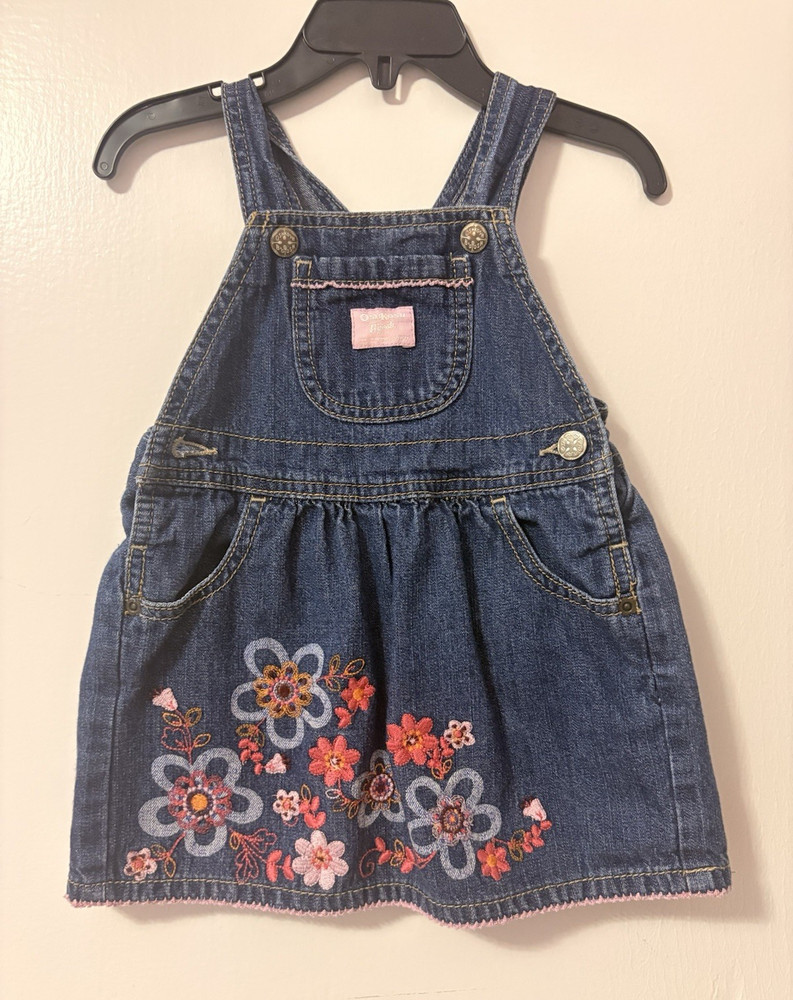 OshKosh B’gosh Girls 24 Months Blue Denim Overall Dress Floral Embroidered