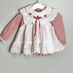Vintage Girls 18M Full Circle Pinfore Dress.Red &White Stripes Eyelet Ruffle