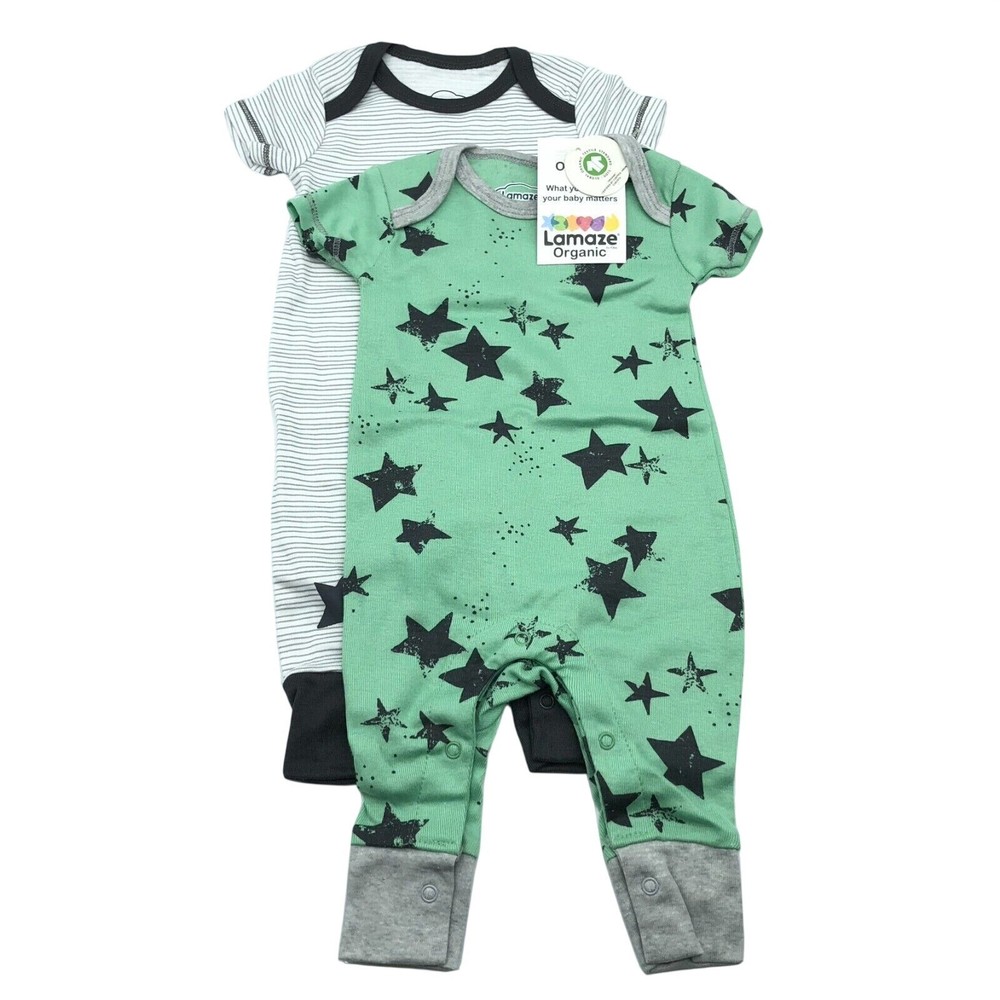 Lamaze Organic Cotton Baby One Piece Outfits Snap Button Green Gray Newborn