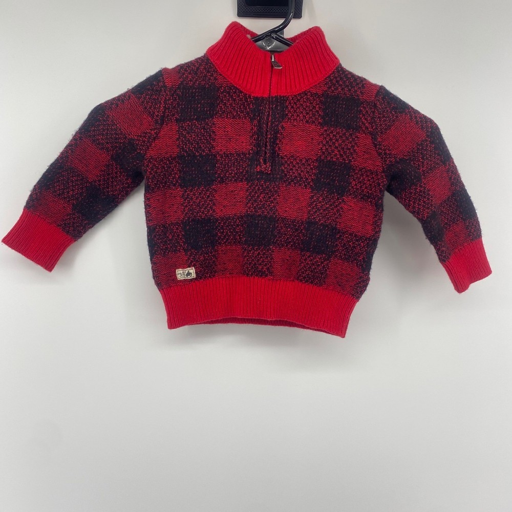 Ralph Lauren Sweater Kids 24M Red Buffalo Plaid Sherpa Lined Quarter Zip Knit