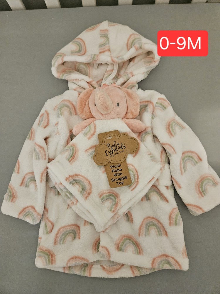 Baby Essentials Plush Hooded Robe Rainbow Elephant Plush Toy Tie 0-9 Months