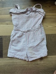 Girls Striped Seersucker Romper – White with Red and Blue Stripes