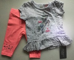 Baby Girl Peach Leggings with Grey Short Sleeve Top & Unicorn Born to Sparkle.
