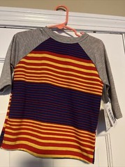 NWT LuLaRoe Sloan 2 Baseball T- Red Yellow Blue Striped Gray Sleeve